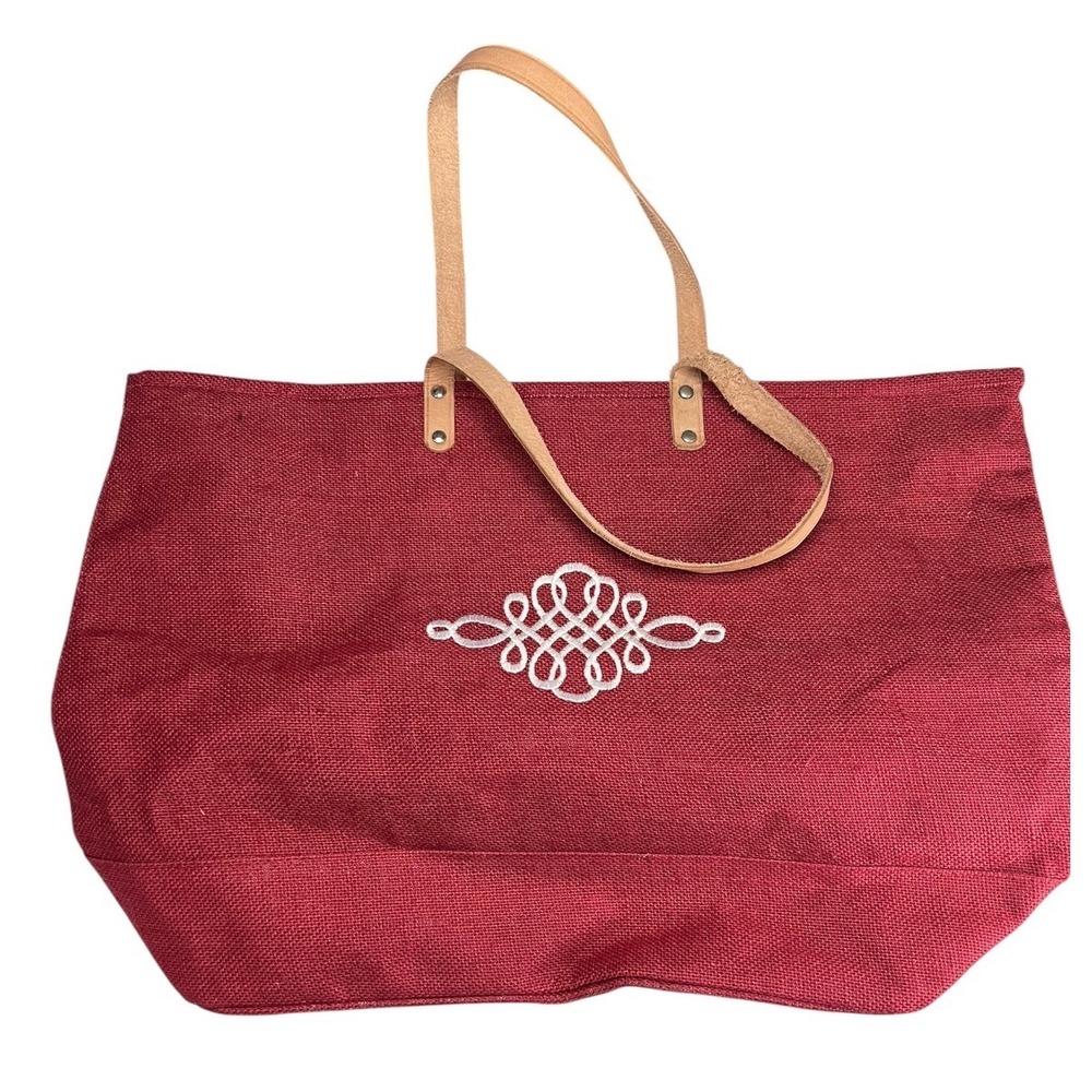 Ballard Designs Red Jute Tote Bag Leather Straps Embroidered Flourish Large